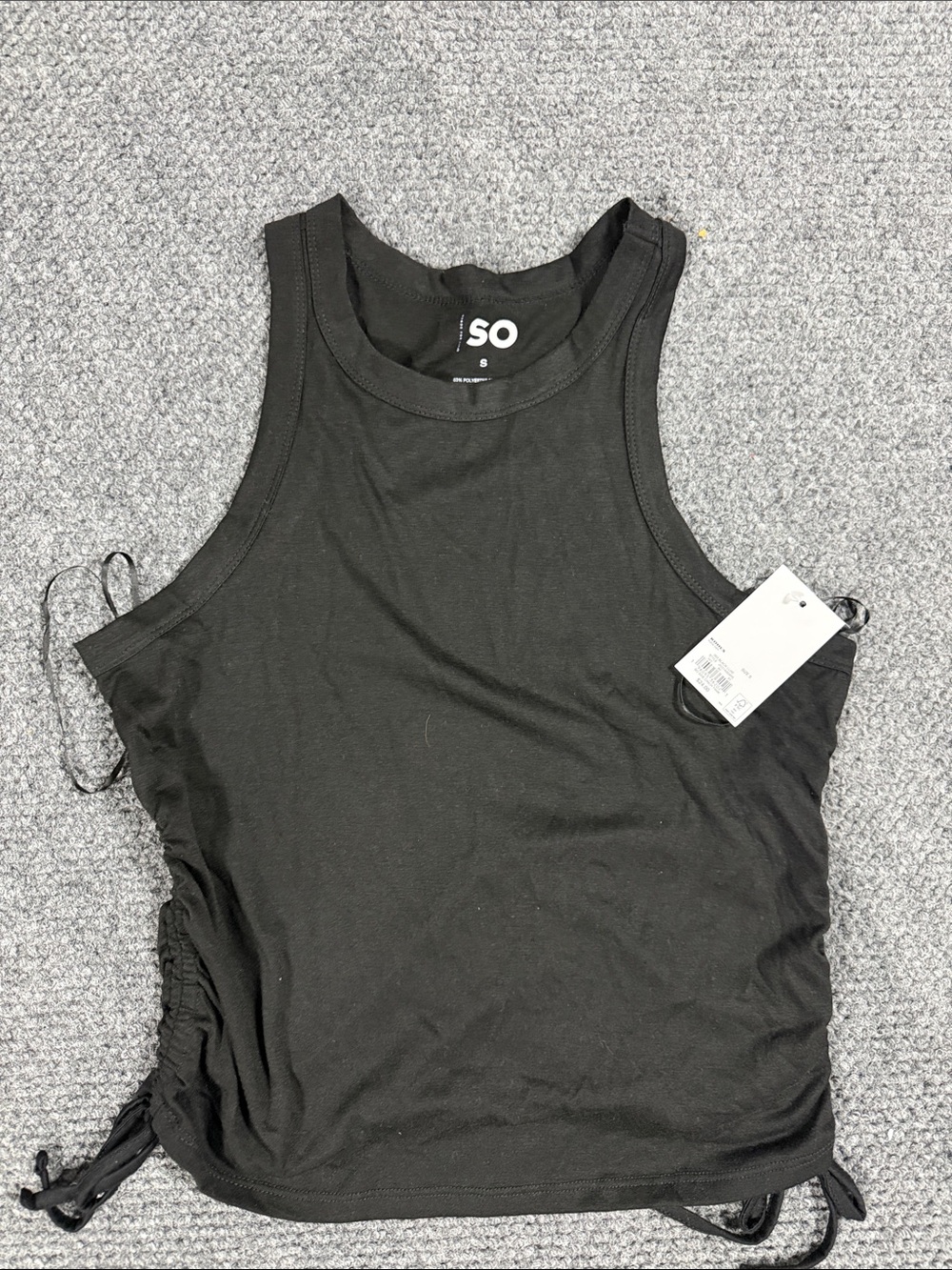 SO Black Sleeveless Racerback Tank with Side Ruching